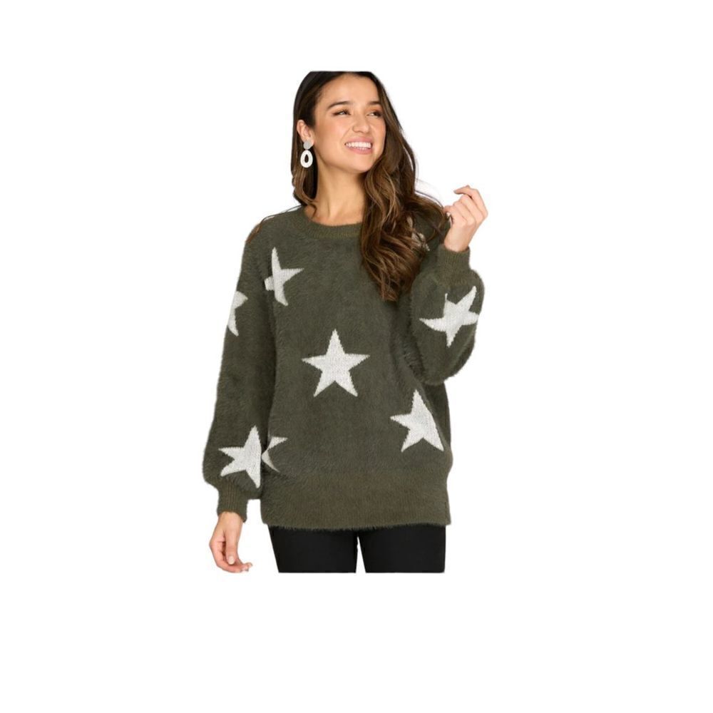 Bubble Sleeve Fuzzy Star Sweater